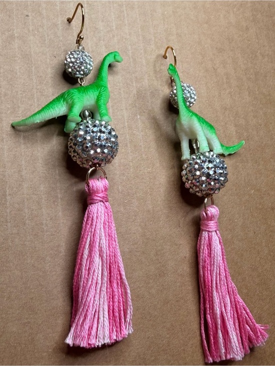 TreesWalk Designs Jewelry - Playful Disco Brontosaurus Dinosaur Tassel Earrings with Pink Fringe
